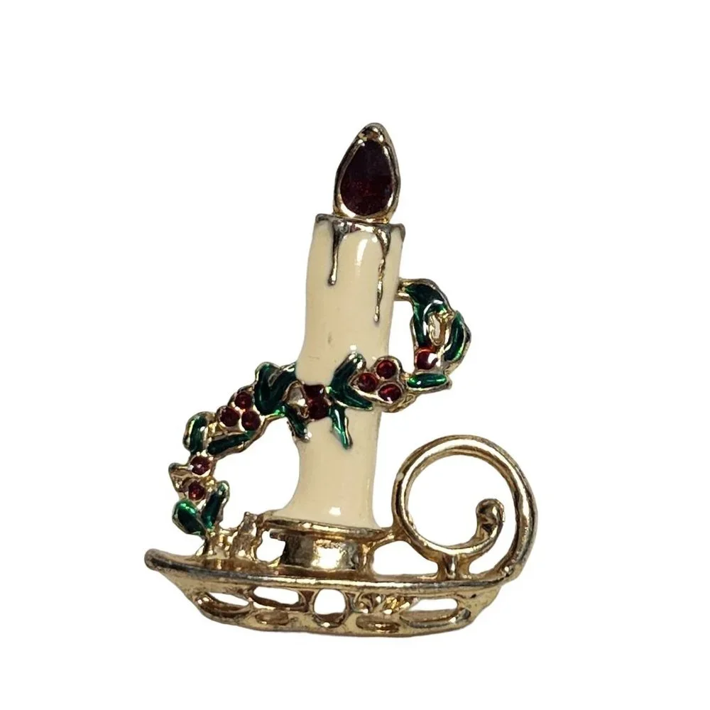 Vintage Holiday Christmas Enamel Candle white Green Red Pin‎ Brooch